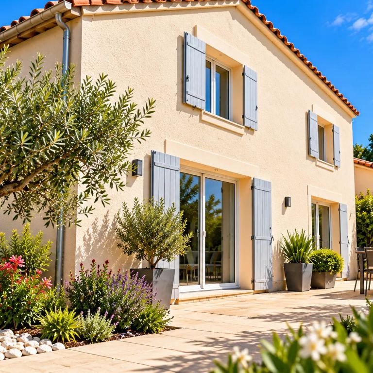 Maison avec façade et terrasse nettoyées sans haute pression