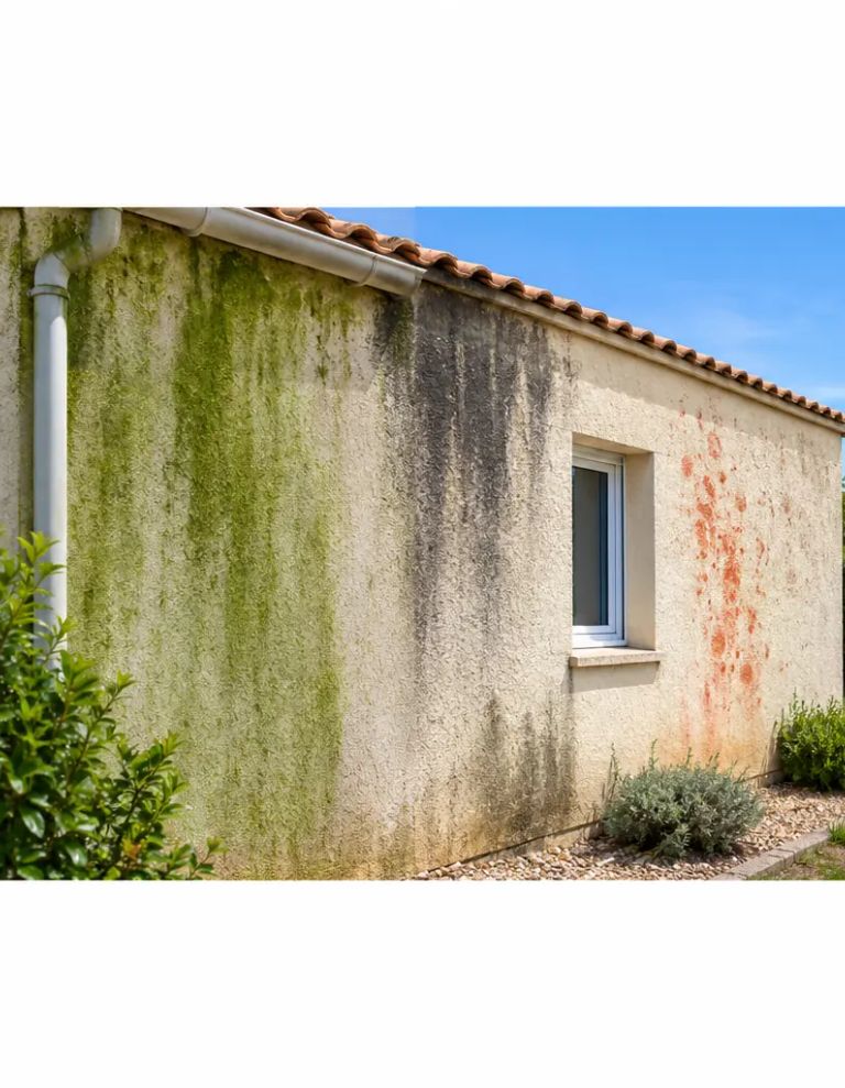 Mur extérieur couvert de dépôts verts et de mousse